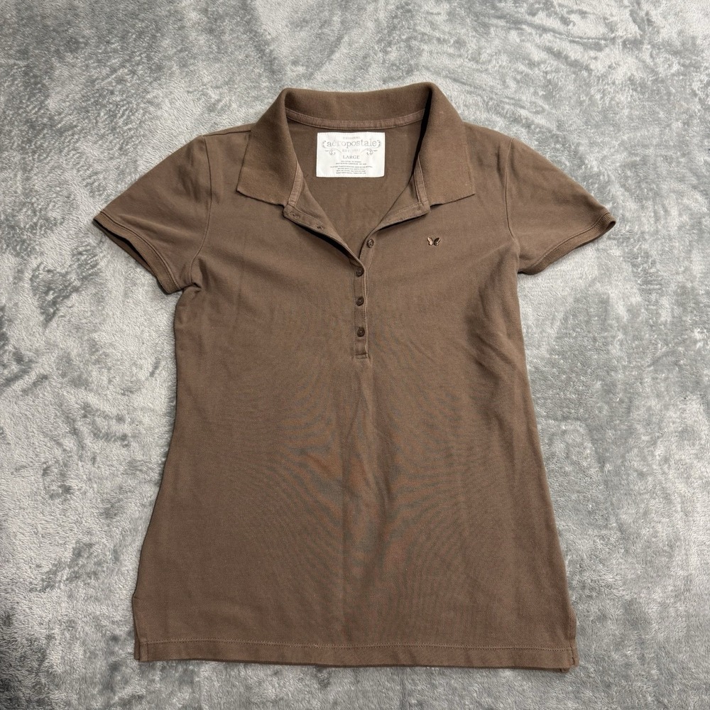 Vintage Y2K Aeropostale Brown Polo Shirt Butterfly Sz. L Preppy Grunge Buttons